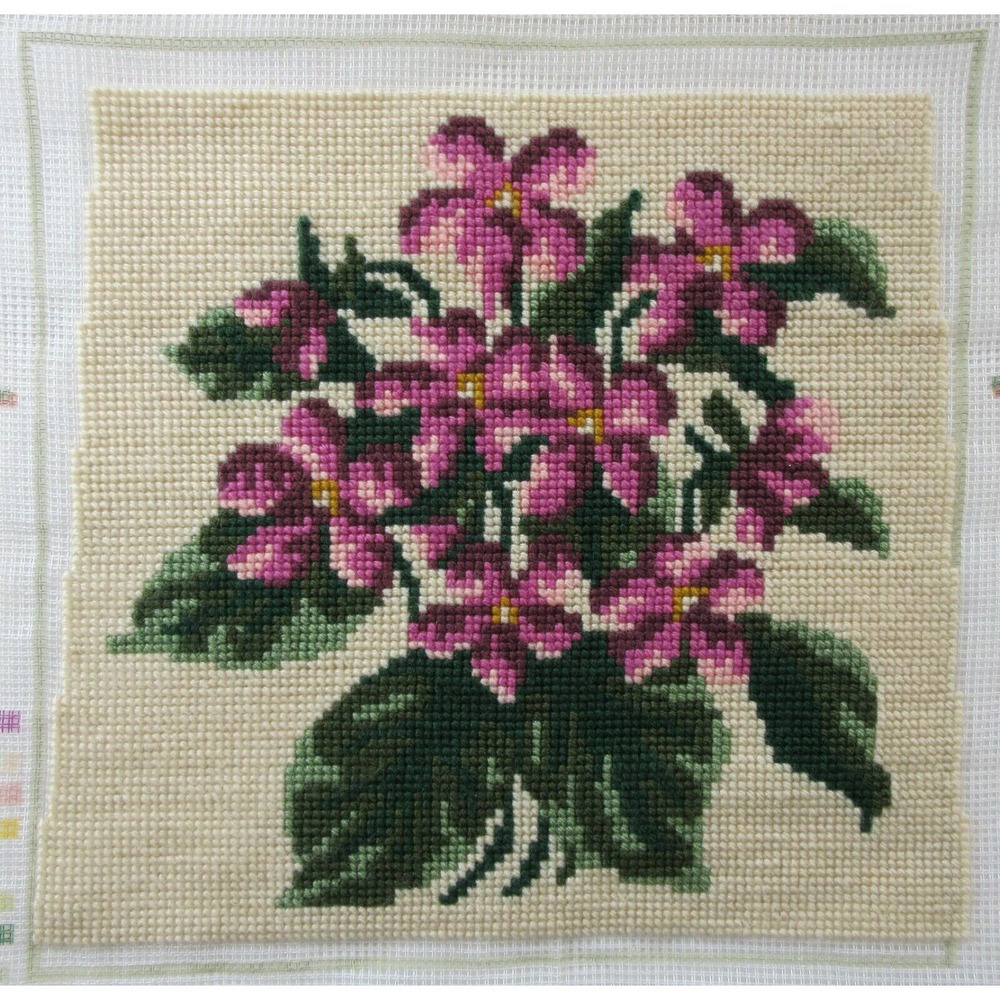 Completed Purple Violets Bouquet Needlepoint 15 x 15 Flowers Embroidery Canvas